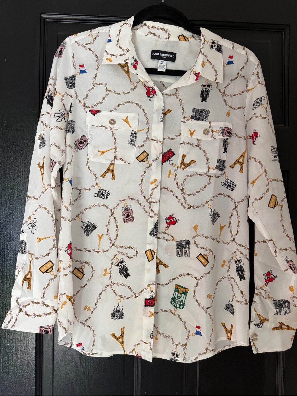 Karl Lagerfeld White Button-Up Shirt with Gold Chain & Multicolor Travel Motifs